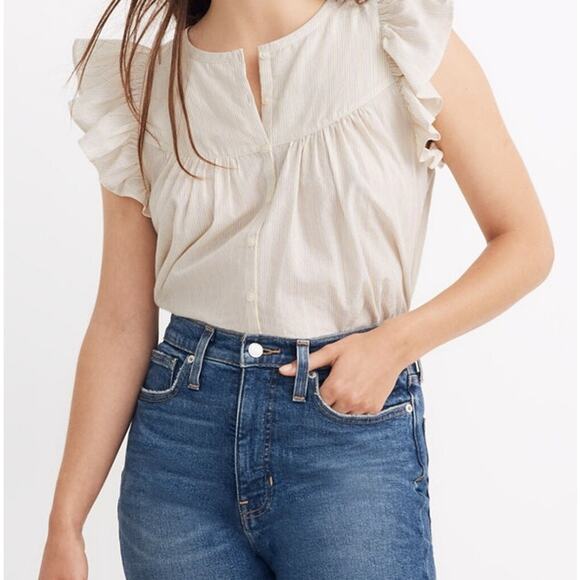 Madewell Ruffle - Sleeve Bib Top Metallic Stripe - Size Sm - Picture 1 of 8